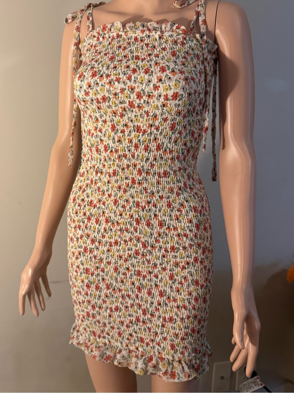 Smocked Floral Tie-Shoulder Mini Dress in White with Red & Green Accents